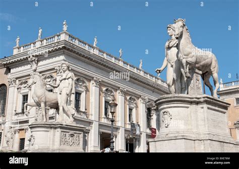 The Statues Of The Dioscuri In Piazza Del Campidoglio In Rome Stock