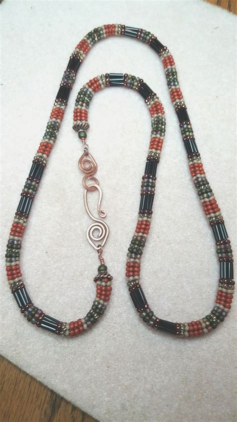Herringbone Necklace With Bugle Beads And Hand Made Copper Hook And Eye