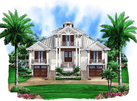 Key West Style Elevation Wtwo Garages Underneath Beach Style House