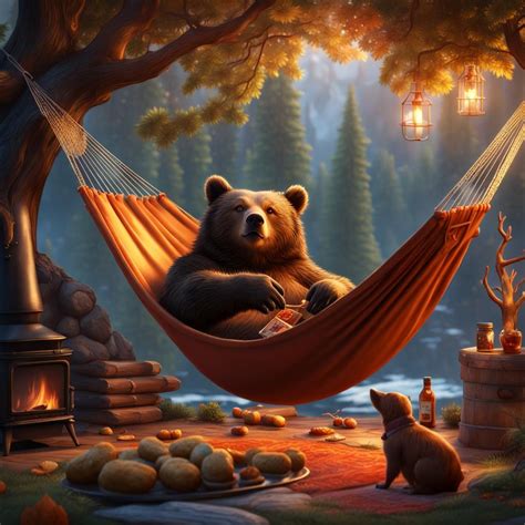 Bear Lying In Hammock Eating A Hotdog Robins On Branches And Small