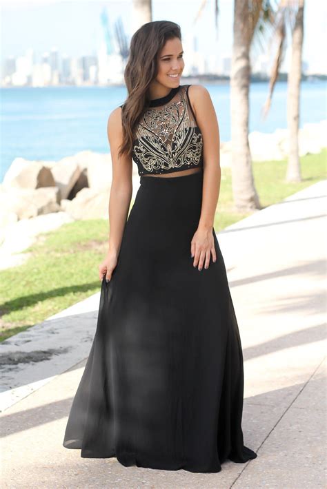 Black And Gold Embroidered Maxi Dress With Tulle Back Embroidered Maxi