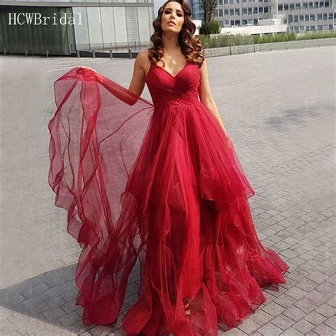 Charming Red Tulle Long Formal Prom Dresses Sweetheart Spaghetti Strap Tiered A Line Custom Made