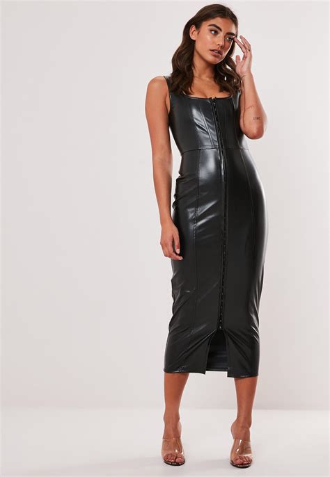 Black Faux Leather Bodycon Midi Dress Missguided