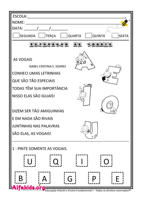 Alfabetização 1º Ano Poema Das Vogais E Atividades Relacionadas