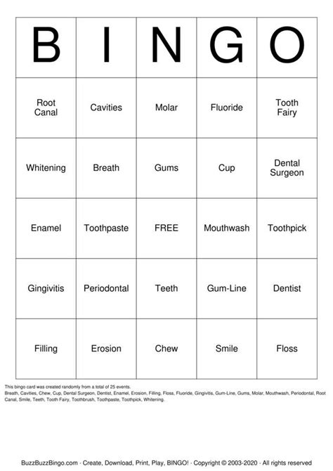 Free Printable Dental Bingo Card