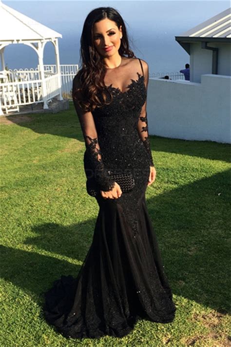 Long Black Mermaid Illusion Neckline Lace Long Sleeves Prom Dresses