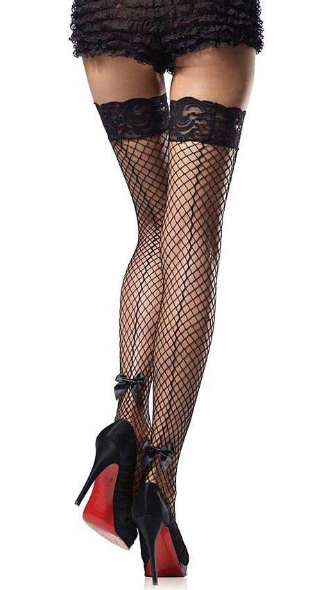Lace Top Fishnet Seamed Stockings With Ankle Bows In Black