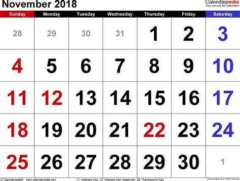 November 2018 Calendar Templates For Word Excel And Pdf