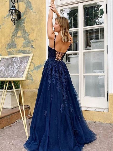A Line V Neck Backless Navy Blue Lace Long Prom Dresses 2020 Open Bac