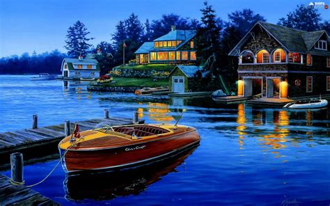 Boat Evening By Lake Houses Ships Wallpapers 1920x1200