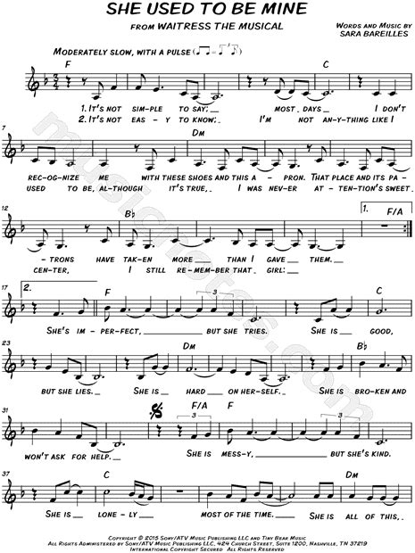 sara bareilles she used to be mine sheet music leadsheet in f major transposable