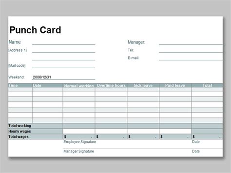 excel of simple business punch card xlsx wps free templates