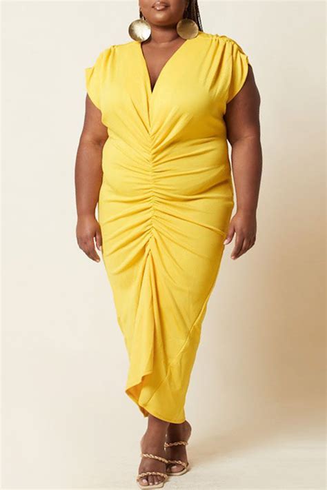 yellow sexy solid split joint v neck pleated plus size dresses plus size knowfashionstyle