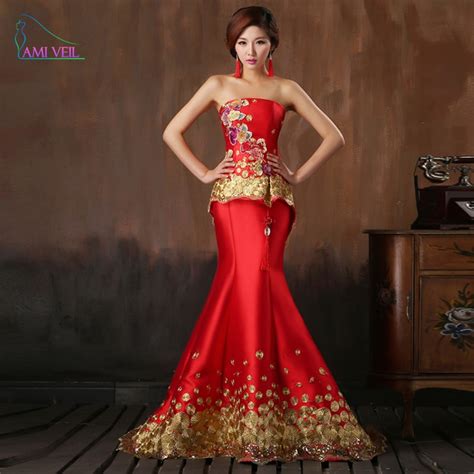 Chinese Style Red Wedding Dresses Long Design Married Chinese Embroidery Cheongsam Formal Bride