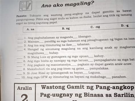 Tukuyin Ang Wastong Pang Angkop Na Dapat Gamitin Sa Bawat Pangungusap