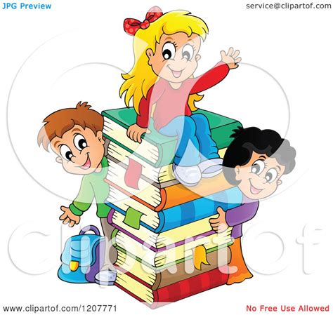 Cartoon Of Happy School Children With A Stack Of Books