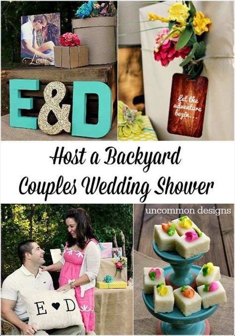several photos with the words ed and host a backyard couple s wedding shower on them