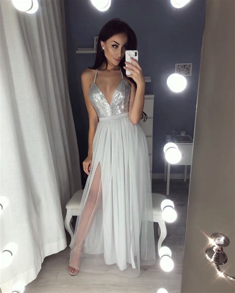 Sexy V Neck Sequin Long Prom Dresses Slit Evening Gowns Tulle Evening