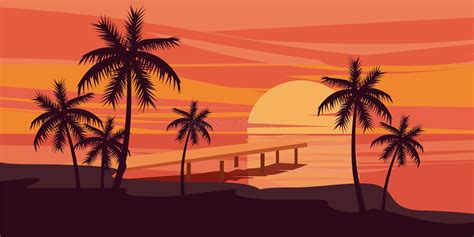 Tropical Beautiful Sunset Landscape Palms Sea Stones Vector