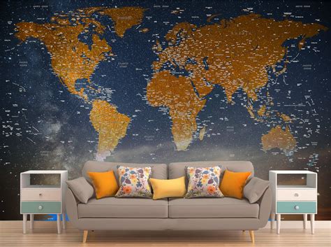 Mural World Map Decor Wallpeper Peel And Stick Wall Mural Map Etsy