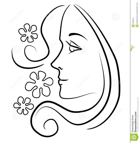 Woman With Long Hair Flowers Outline Illustration Face
