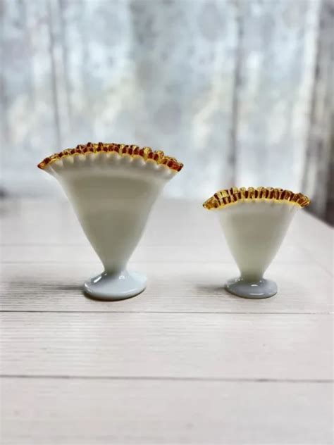 VINTAGE FENTON WHITE Milk Glass Amber Crest Fan Vase Set Of 2 33 75