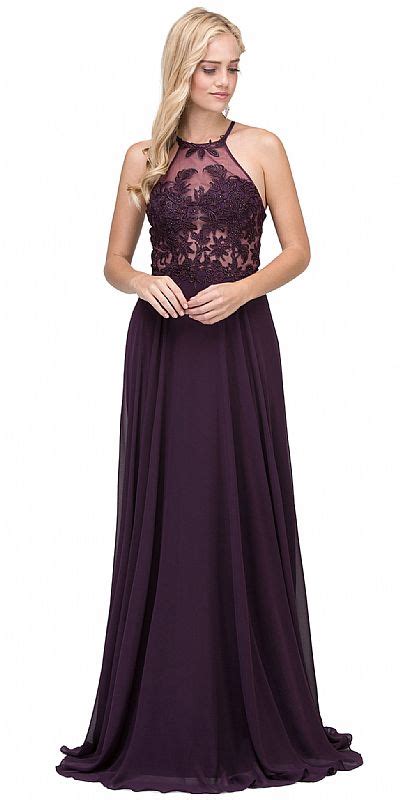 Lace Accent Sheer Mesh Top Chiffon Long Prom Dress P2369