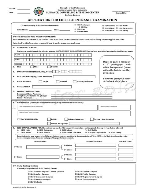 Application Form Slsu University And College Admission Test