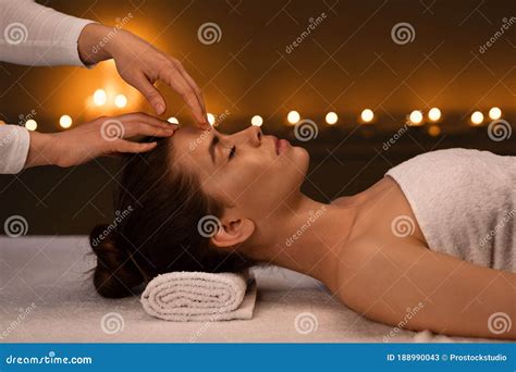 Tranquil Girl Getting Head Massage At Spa Salon Stock Image Image Of Massaging Bodycare