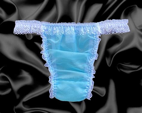 Aqua Blue Frilly Sissy Sheer Nylon Briefs Satin Rose Panties Knickers Size