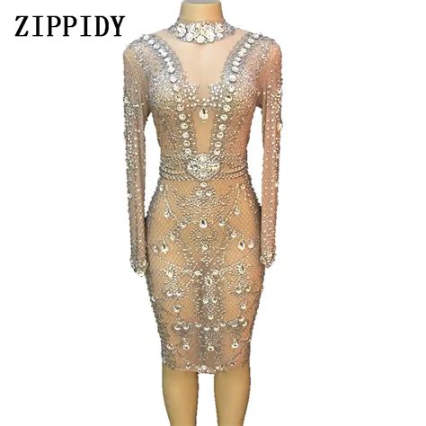 Sparkly Silver Crystals Mesh Dress Womens Evening Party Dresses Birthday Celebrate Costume