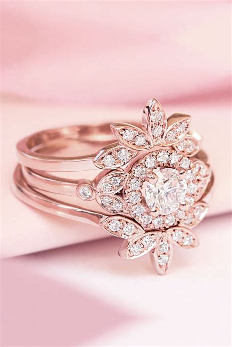 Unique Engagement Diamond Floral And Delicate Wedding Rings Set Rose