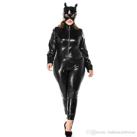 plus size sexy catwoman costume stretch faux leather black catsuit with front zipper and mask for