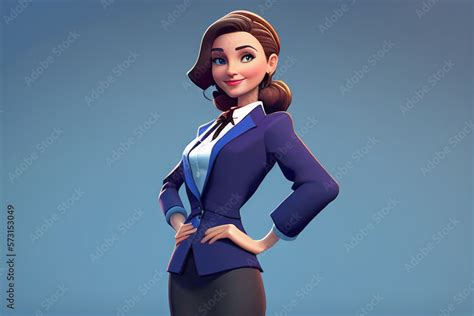 3d Cartoon Character Cute Smiling Portrait Business Woman On Blue