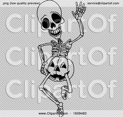 Clipart Of A Black And White Halloween Skeleton Wearing A