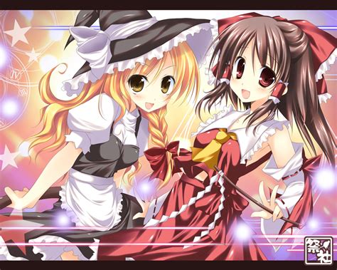 2girls Blonde Hair Bow Braids Brown Eyes Brown Hair Hakurei Reimu Hat Japanese Clothes Kirisame