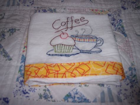 Coffee themed collage towel is great to use in the kitchen, bathroom or gym. Across My Kitchen Table: Coffee themed embroidered tea towels