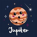 Cute cartoon planet character Jupiter with funny face. Poster solar ...