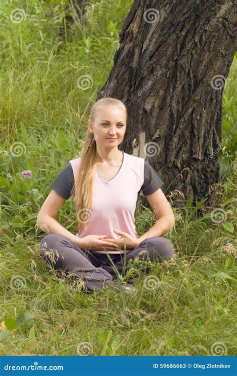 Beautiful Young Woman Relaxing In Forest Under The Stock Image Image Of Green Health 59686663