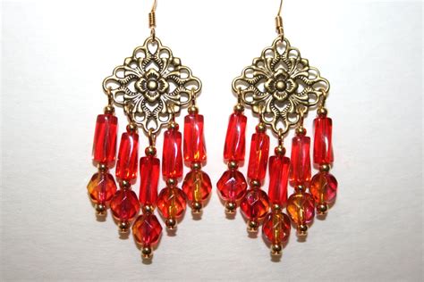 Red Chandelier Earrings With Antique Gold Plated Drops And