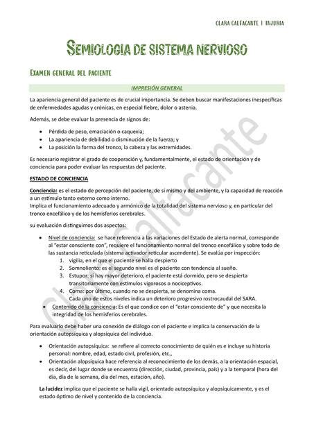 Semiología Sistema Nervioso Examen Fisico general Clara Calfacante uDocz