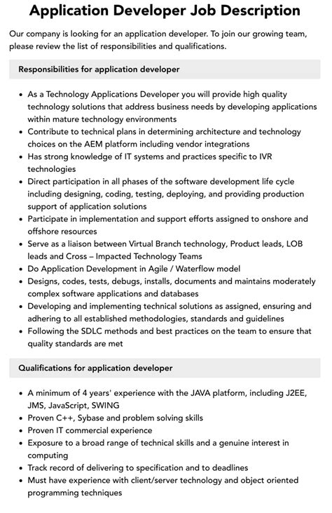 Application Developer Job Description Velvet Jobs