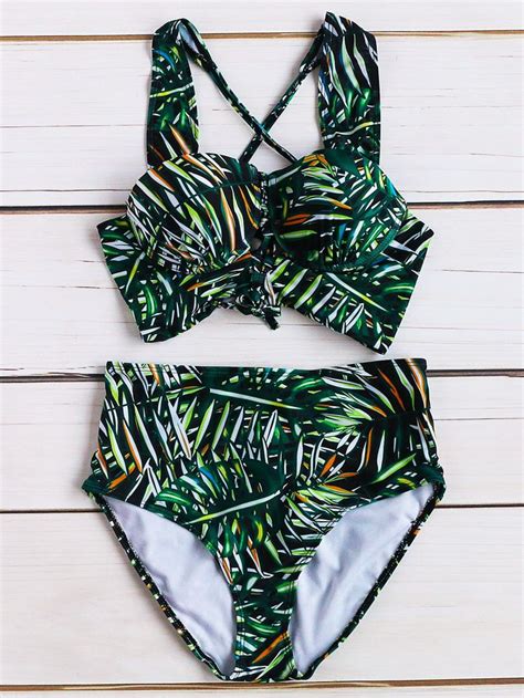 green tropical print bustier cross back bikini set shein sheinside my xxx hot girl