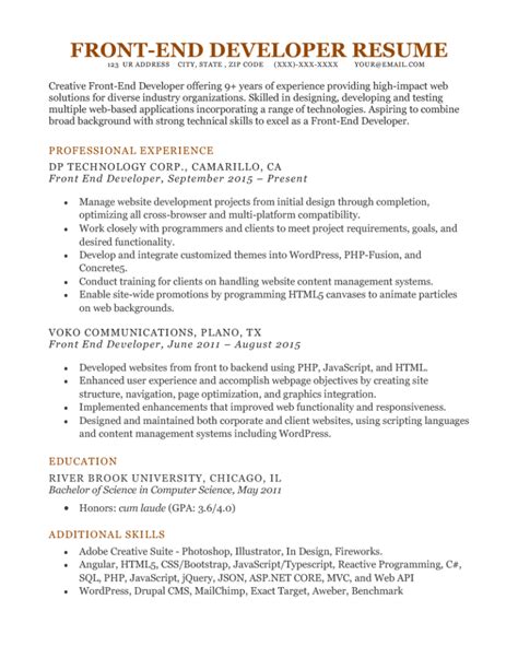 Front End Developer Resume Example And Tips For 2023