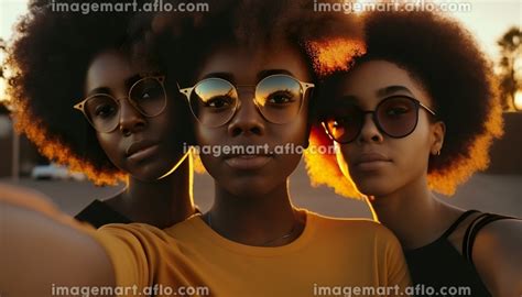 Womans Pose For A Photo Selfie In Front Of A Sunset Generative Ia