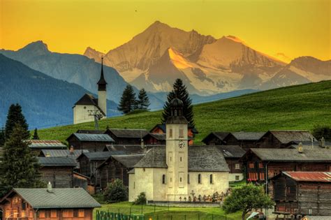 日落 森林 房屋 山 瑞士风景4k壁纸4k风景图片高清壁纸墨鱼部落格