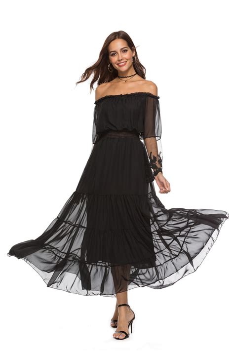 Women Summer Autumn Black Sheer Mesh Off The Shoulder Lace Party