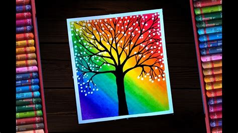 Oil Pastel Classic Rainbow Scenary With A Creative Blossom Tree For