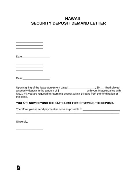Free Hawaii Security Deposit Demand Letter Pdf Word Eforms