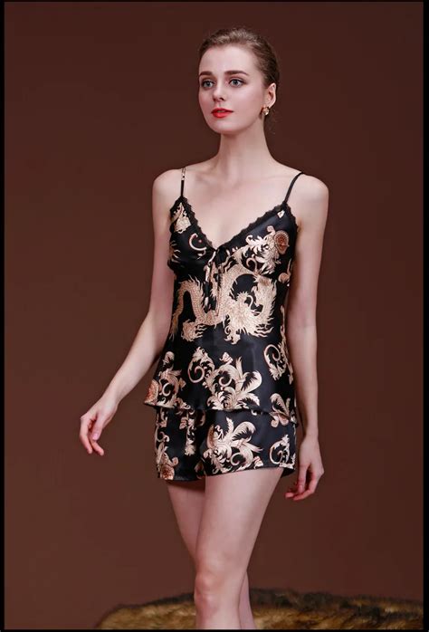 New Design Luxury Dragon Printed Silk Sets Summer Women Noble Pajamas